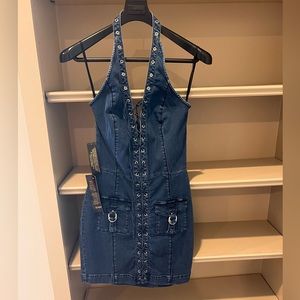 NWT 4 Bebe Denim Halter Tie-Up Mini Dress Summer Designer